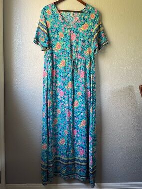 Teal Floral Boho Colorful Maxi Dress Vacation Beach Resortwear Grecerelle Large